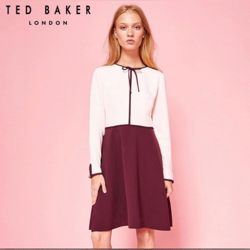 Ted Baker Loozy Color Block Pink Nude Long Sleeve Neck Tie Dress Size US 6